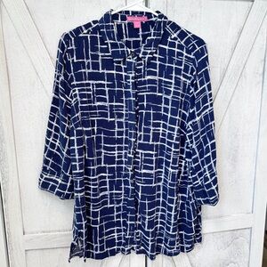 WOMAN WITHIN Tunic Top Women’s Size 18/20 L Blue & White Button Up 3/4 Sleeve